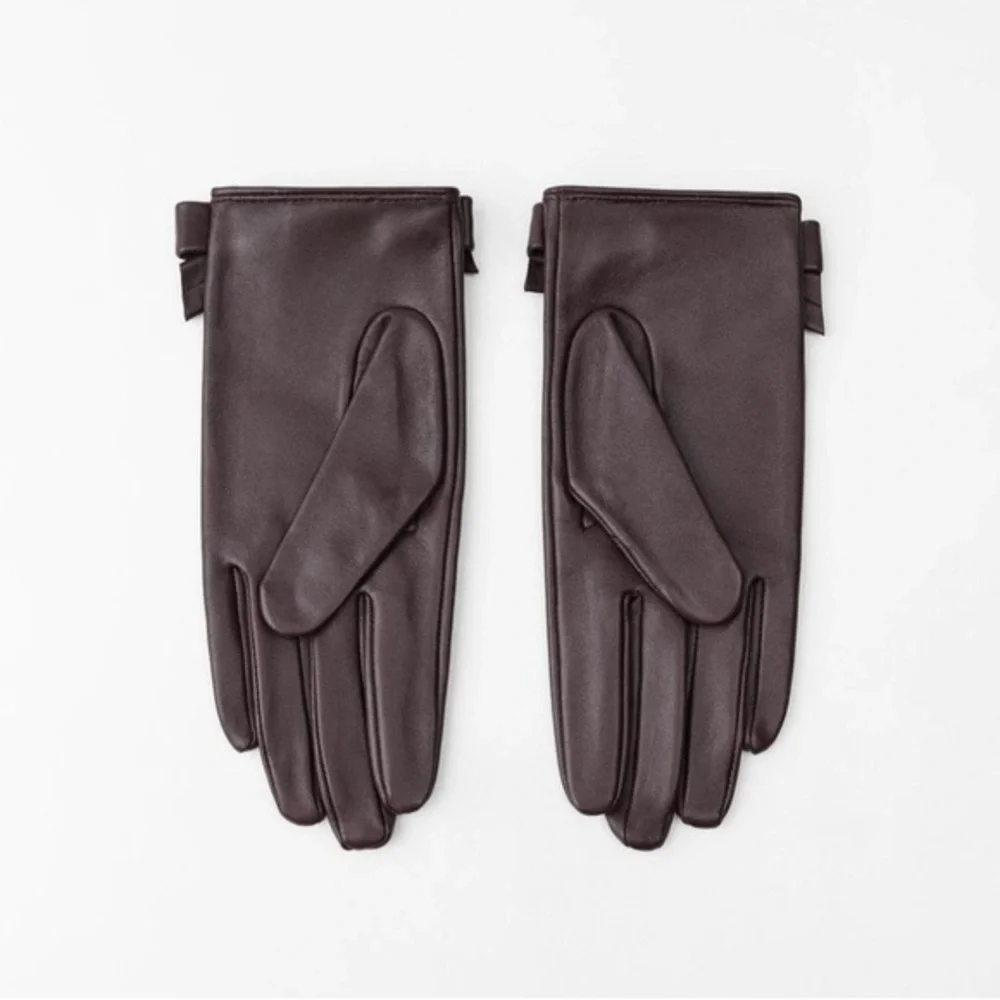 ZARA Burgundy Leather Gloves w Bows Size L New